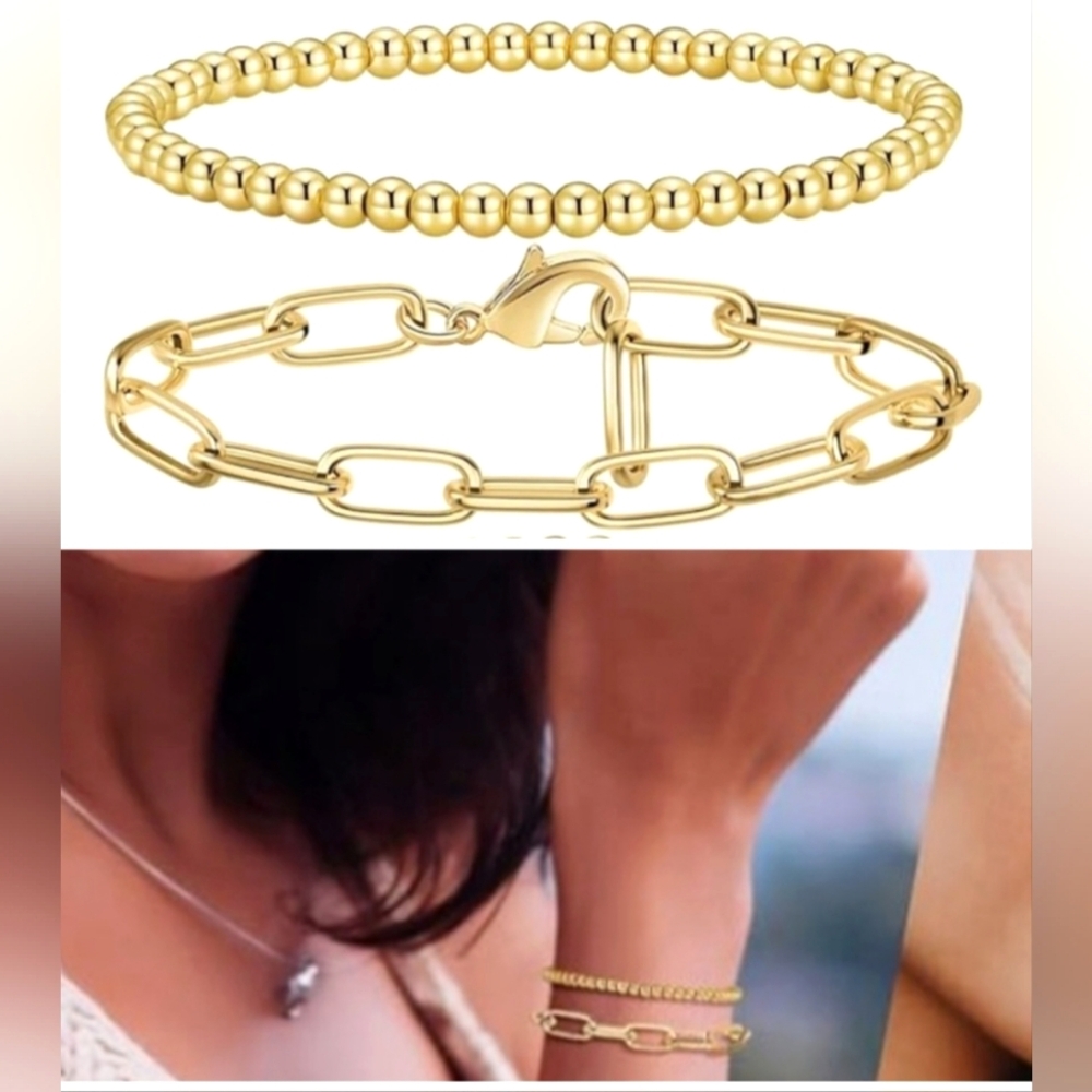 NIB 2 Stackable Gold Bracelets Set 14K Real Gold Plated Brass Beaded Balls
